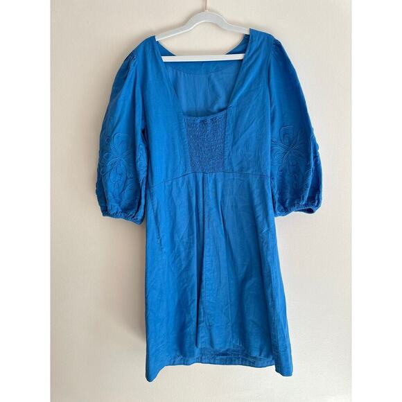 Ann Taylor Floral Embroidered Linen Blend Flare Dress Blue Stretch Classy 0P - Picture 5 of 7